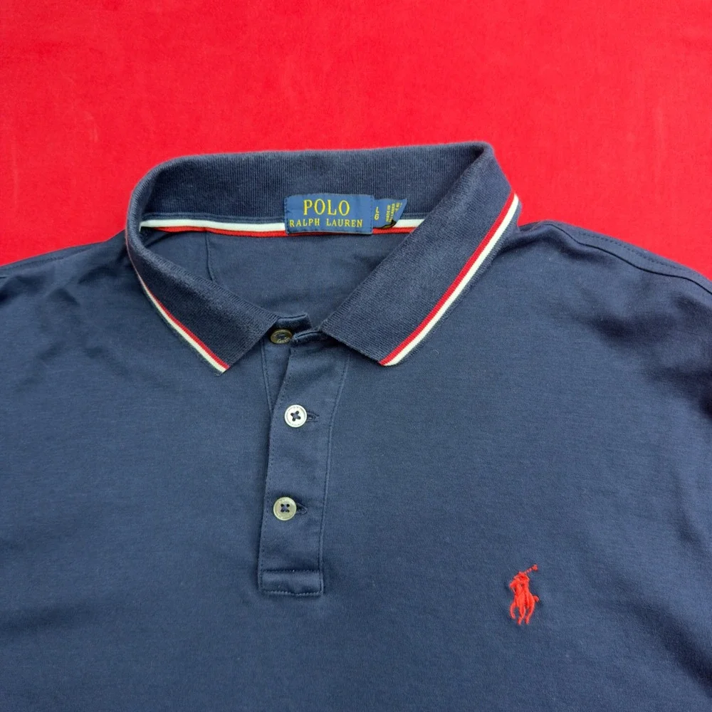 VTG Polo Ralph Lauren Mens Navy Blue Striped Trim Polo Shirt Red Pony Logo Large